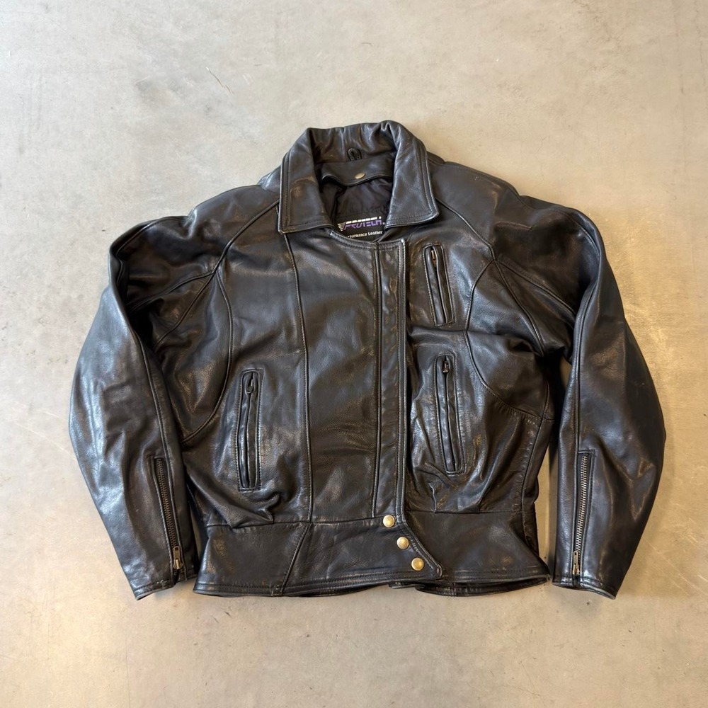 Vintage black genuine leather womens zip up biker jacket